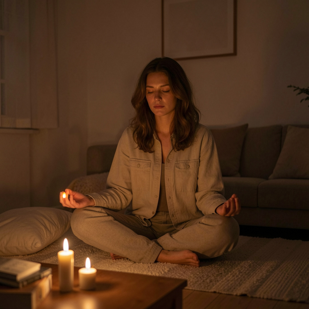 Henkilö harjoittaa iltameditaatiota kynttilöiden valossa, rauhallinen tunnelma