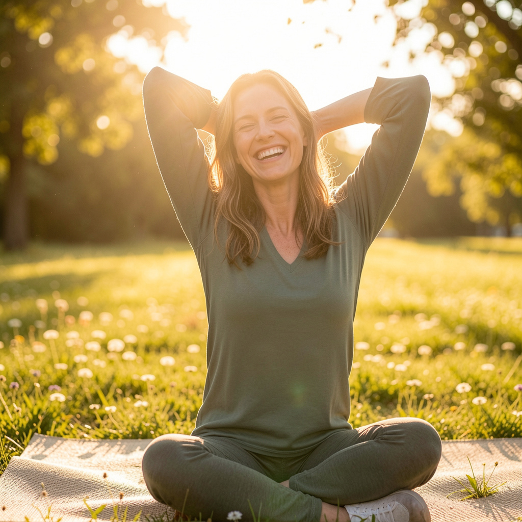 Energinen nainen venyttelee iloisesti aamulla auringonvalossa