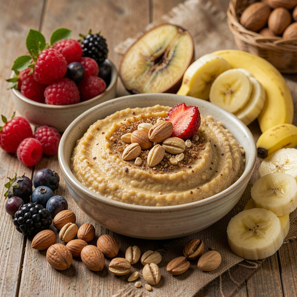 Unea edistäviä ruokia: kirsikka, kiivi, banaani, pähkinät, kaurapuuro kauniisti aseteltuna